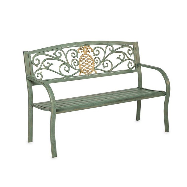 Evergreen Pineapple Metal Garden Bench Verdigris