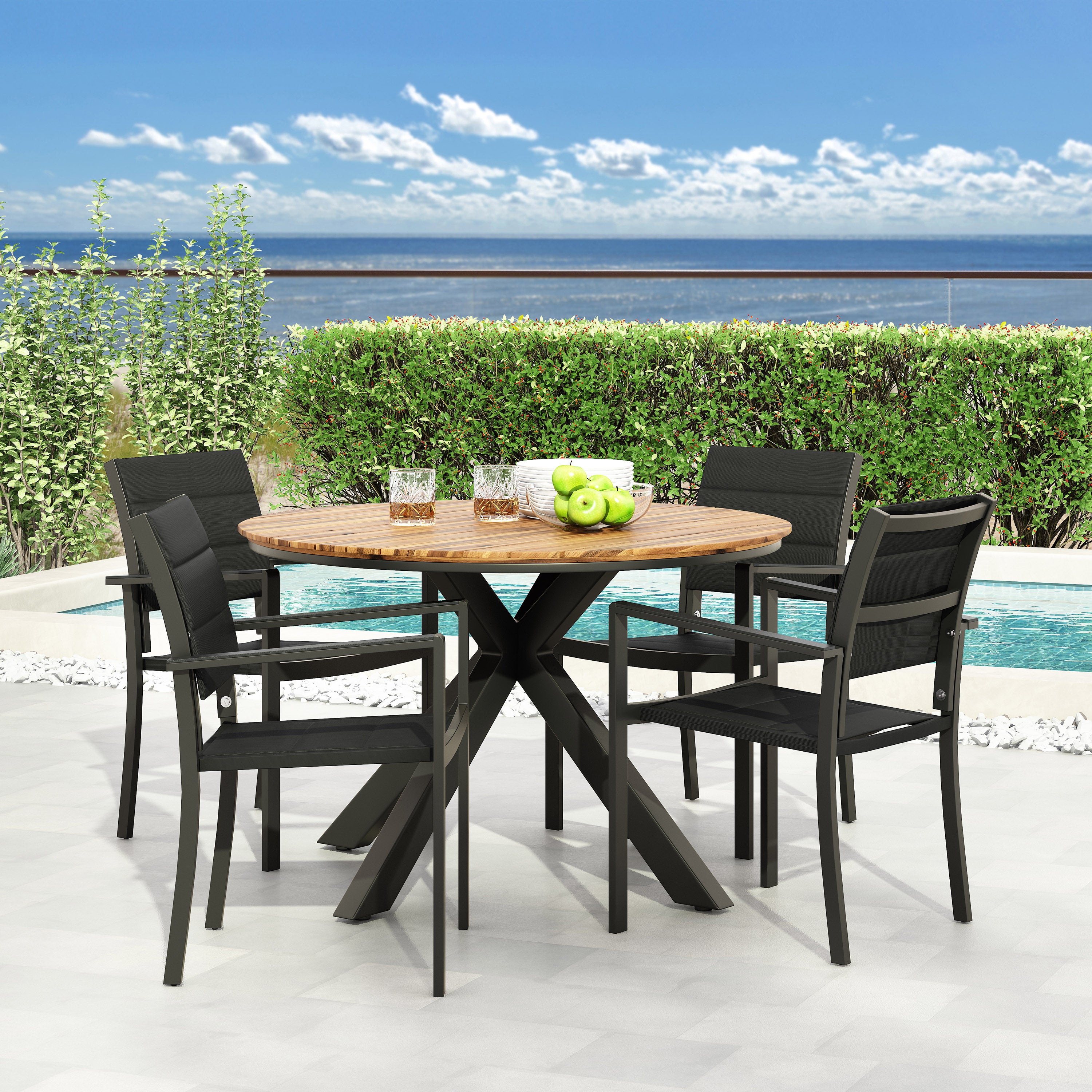 Mellie Outdoor Mesh and Acacia Wood 5 Piece Dining Set, Black and Teak