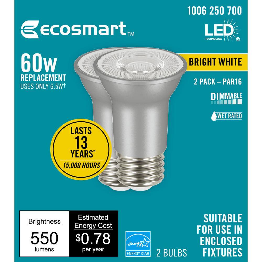 EcoSmart 60-Watt Equivalent PAR16 Dimmable Flood LED Light Bulb Bright White (2-Pack) A20PR1660WESD32