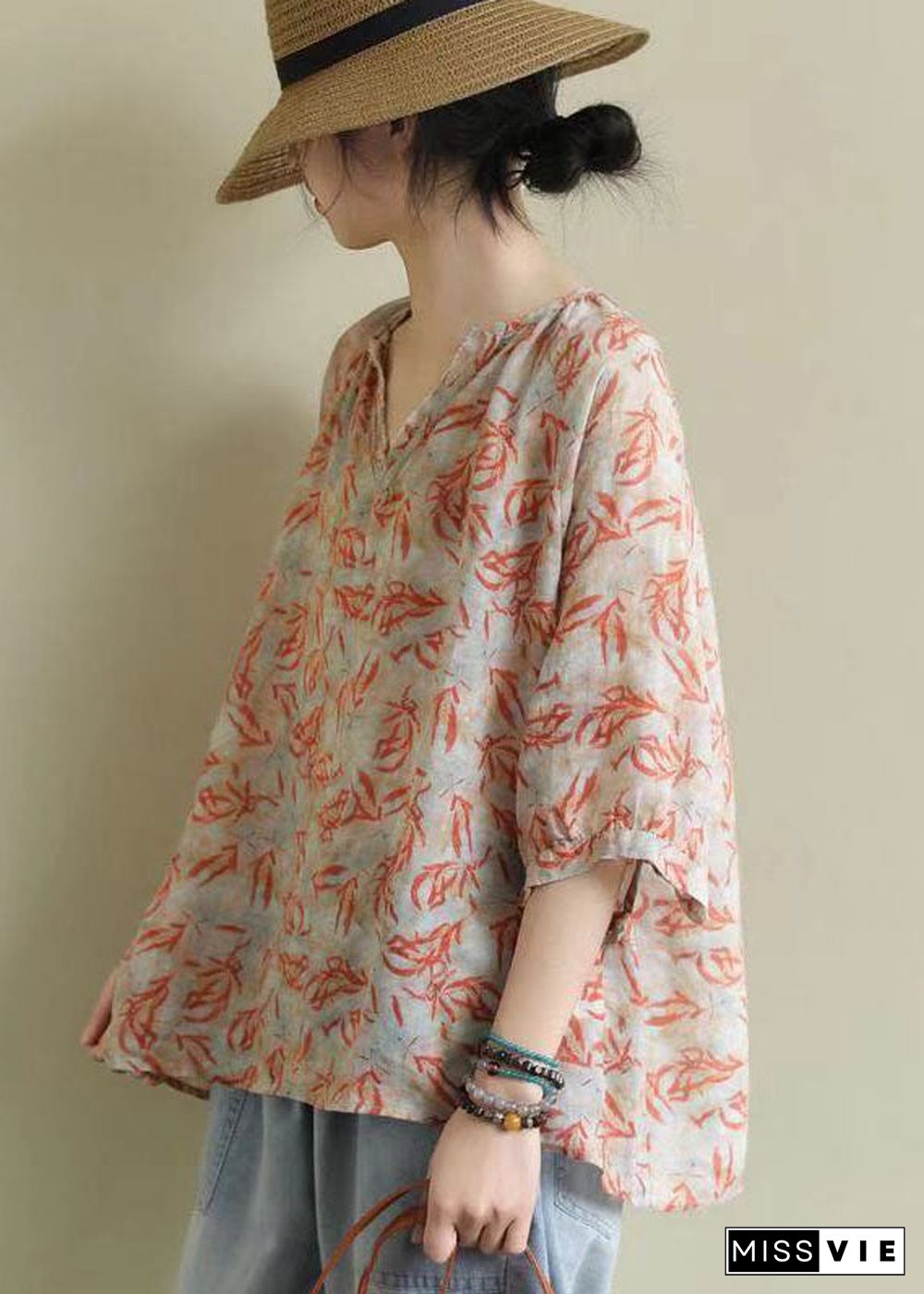 Vintage V Neck Print Loose Fall Shirt Half Sleeve