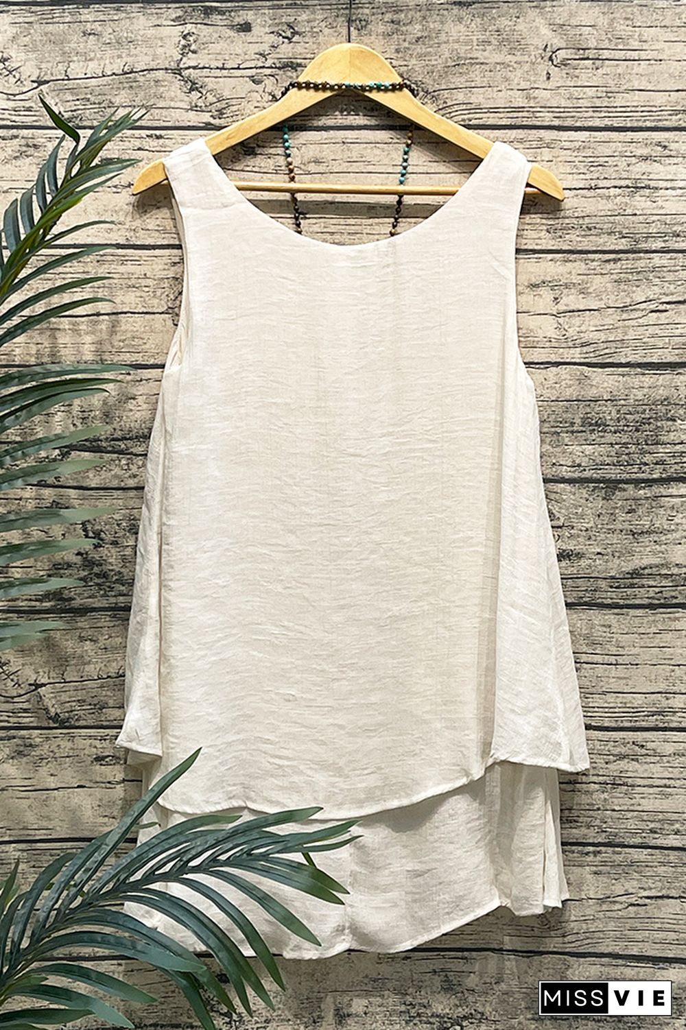 Plain Tiered Linen Sleeveless Ruffle Tank Top