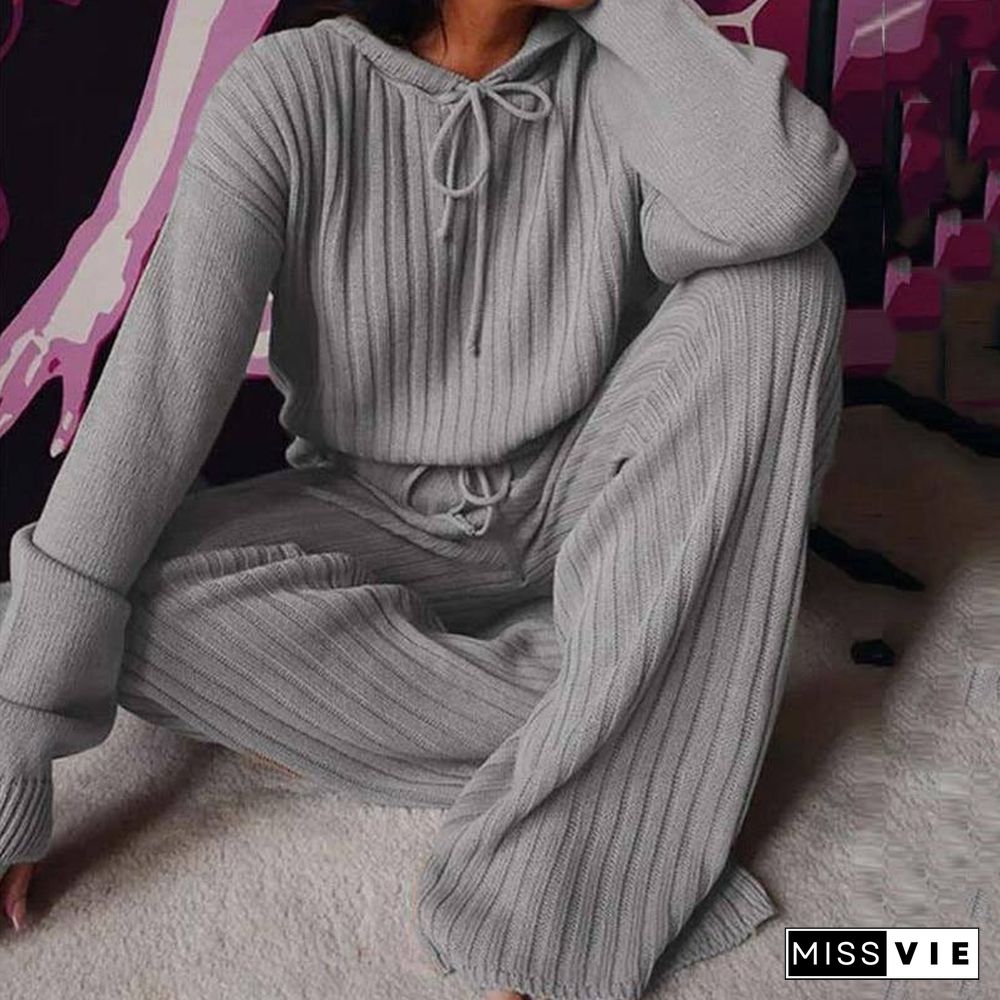 Autumn Winter Knitted Suit Track Two Piece Set Women Hoodie 2 Piece Set Top and Pants Female Knit Sweatsuits Long Sleeve