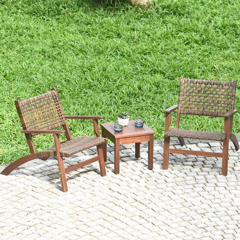 3 Pcs Rattan Wooden Outdoor Table & Chair Set Patio Bistro Conversation Set