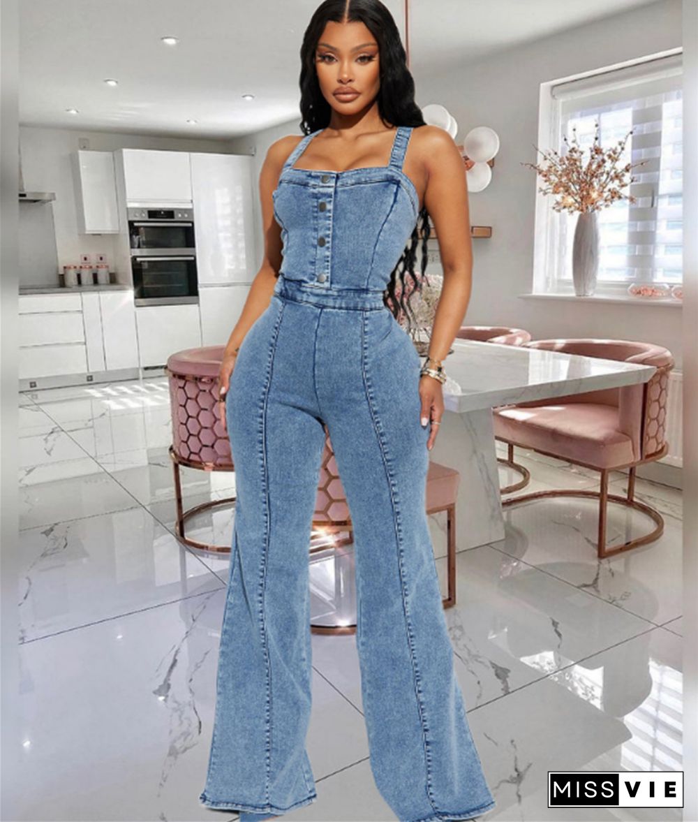 Chic High Waist Sleeveless Denim Jumpsuit