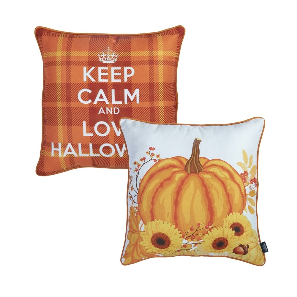 Decorative Fall Throw Pillow Cover Halloween Plaid   Pumpkin Set of 2