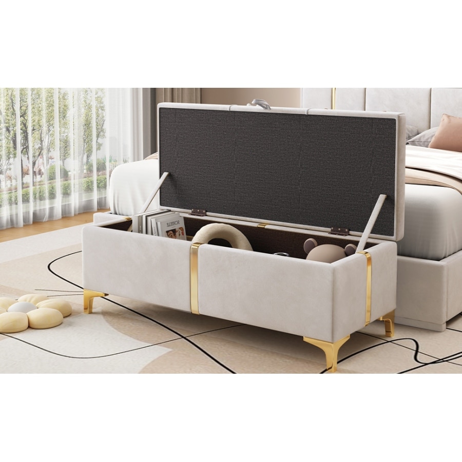 Elegant Style Large Upholstered Storage Ottoman  Storage Bench with Metal Legs  Modern Bed End Bench