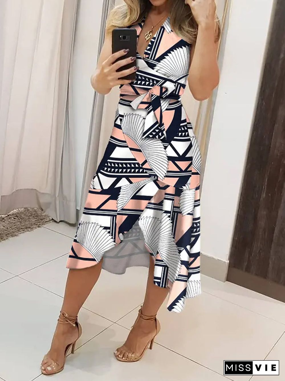 Sexy Sleeveless V-Neck Office Commuter Dress New Summer Retro Ruffle Midi Dress Women Printed Pattern Tie Waist Asymmetric Dress