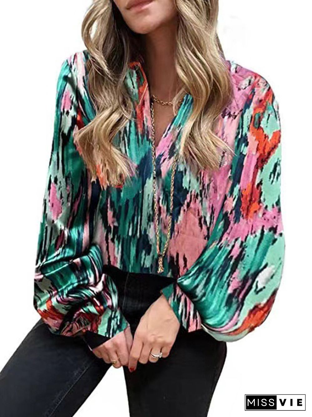 Long Sleeves Loose Printed V-Neck Blouses&Shirts Tops