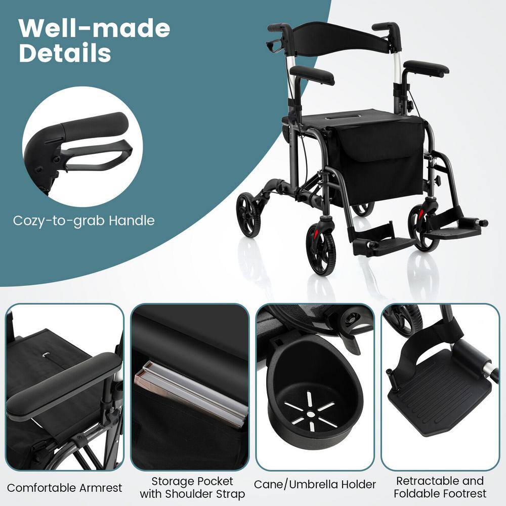 Costway 4-Wheel Folding Rollator Walker with Seat and 8 in. Wheels Supports up to 300 lbs. in Black JH10001BK