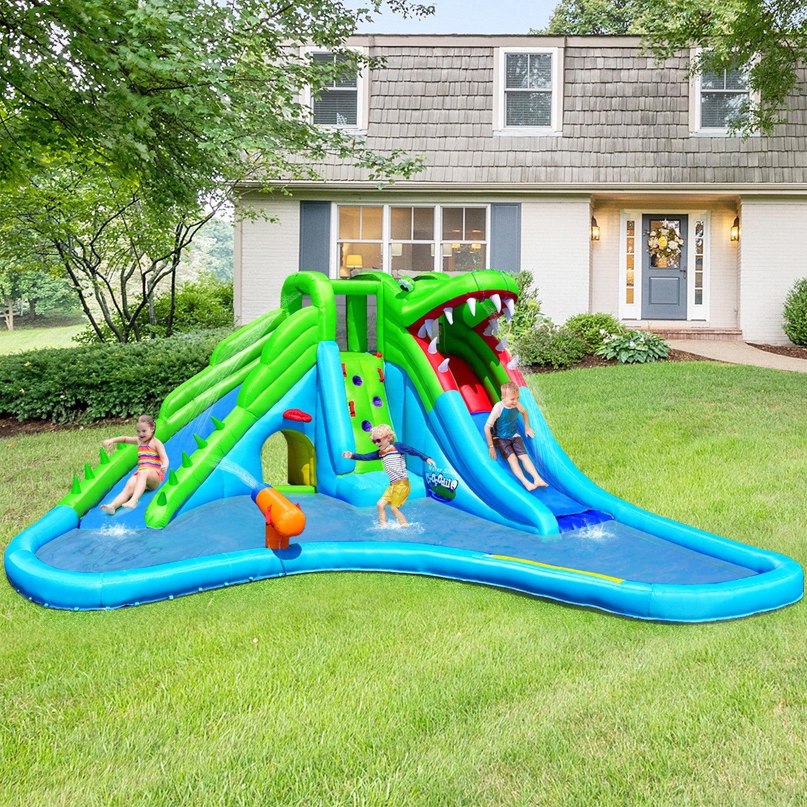 Inflatable Water Slide | Giant 7 in 1 Crocodile Water Park w/ Double Slides