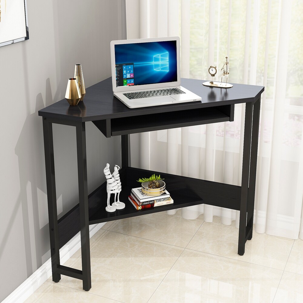 Triangle Computer Desk Corner Desk With Smooth Keyboard Tray  Storage Shelves