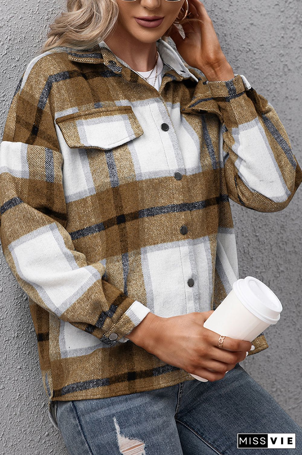 Plaid Turn Down Neck Button Down Shacket Jacket Women Wholesale