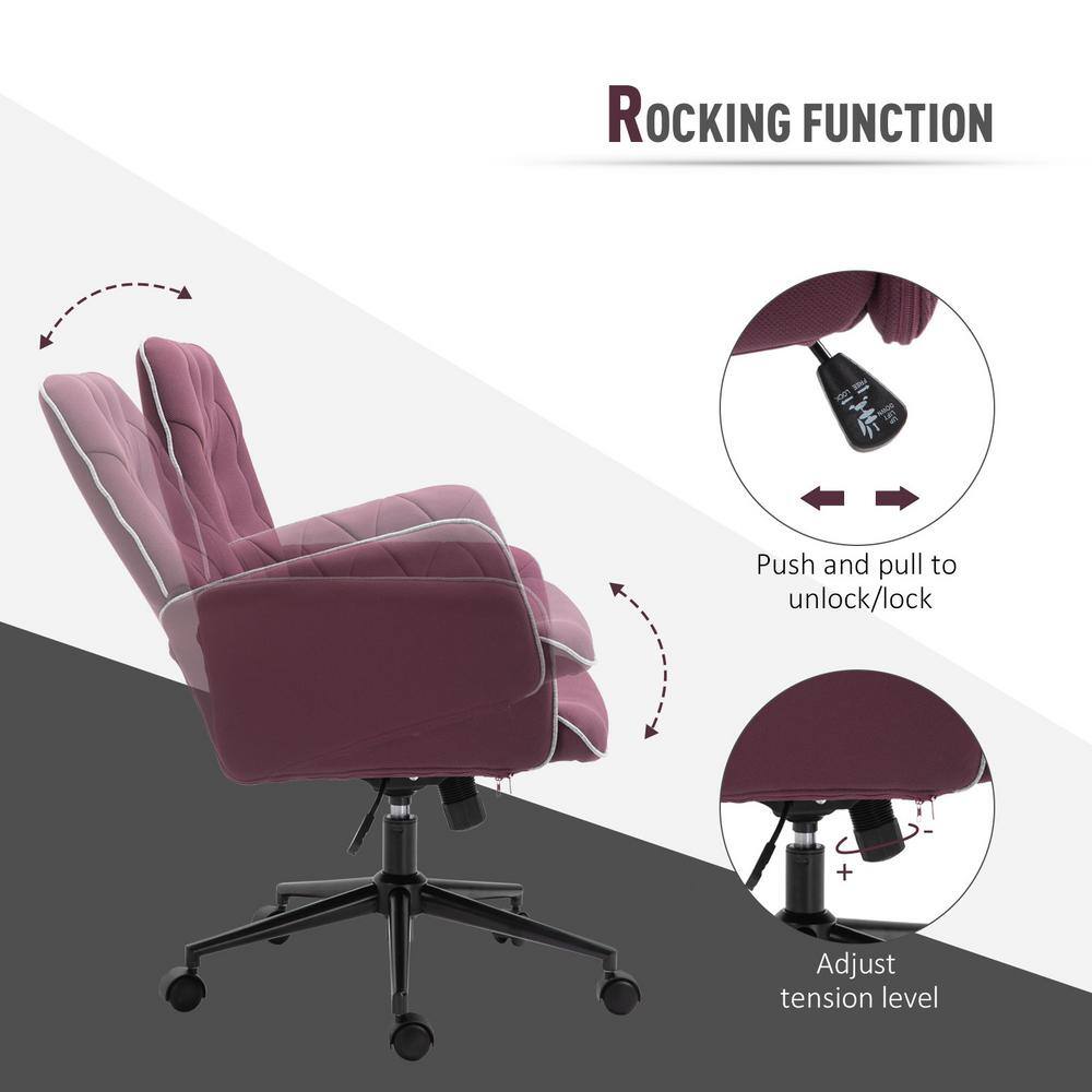 Vinsetto Purple, Modern Mid-Back Tufted Fabric Home Office Desk Chair with Arms, Swivel Adjustable Task Chair, Upholstery Chair 921-102VT