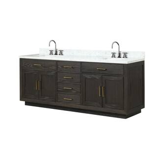 Lexora Condor 84 in W x 22 in D Black Oak Double Bath Vanity Carrara Marble Top and Faucet Set LVCO84DJ101