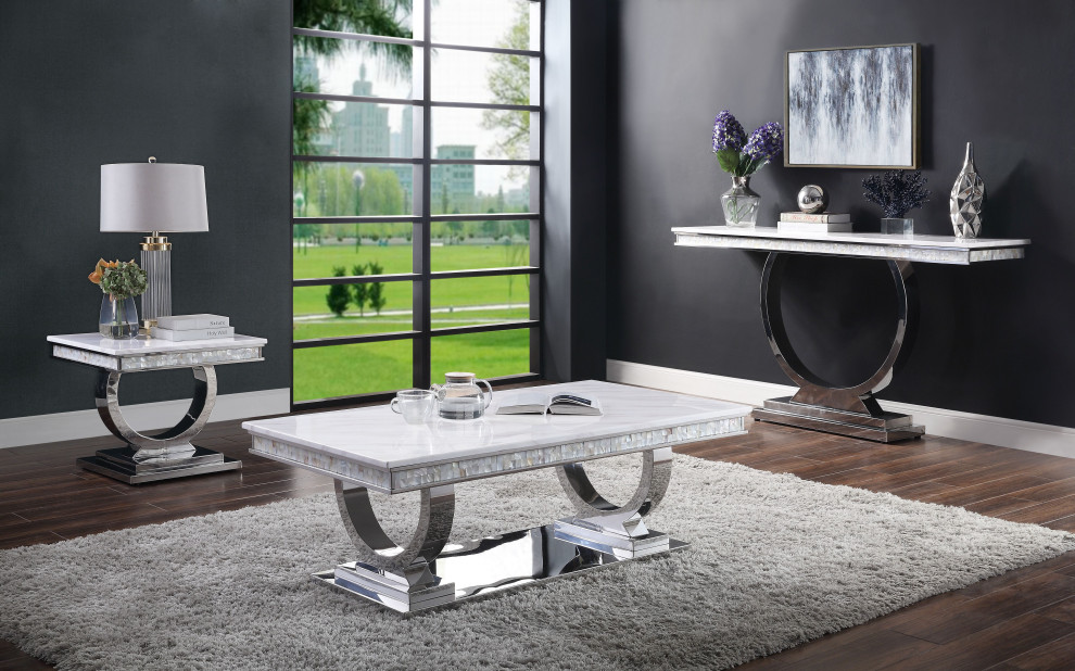 Zander Coffee Table  White Printed Faux Marble and Mirrored Silver Finish   Contemporary   Coffee Tables   by Homesquare  Houzz