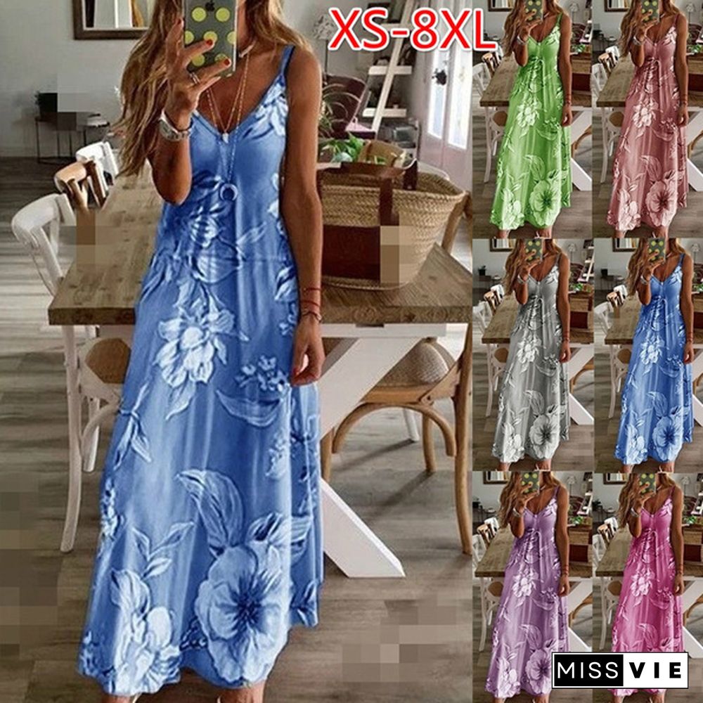 XS-8XL Plus Size Dresses Summer Fashion Clothes Womens Deep V-neck Sleeveless Maxi Dresses Ladies Casual Spaghetti Strap Loose Beach Wear Floral Printed Halter Party Dress