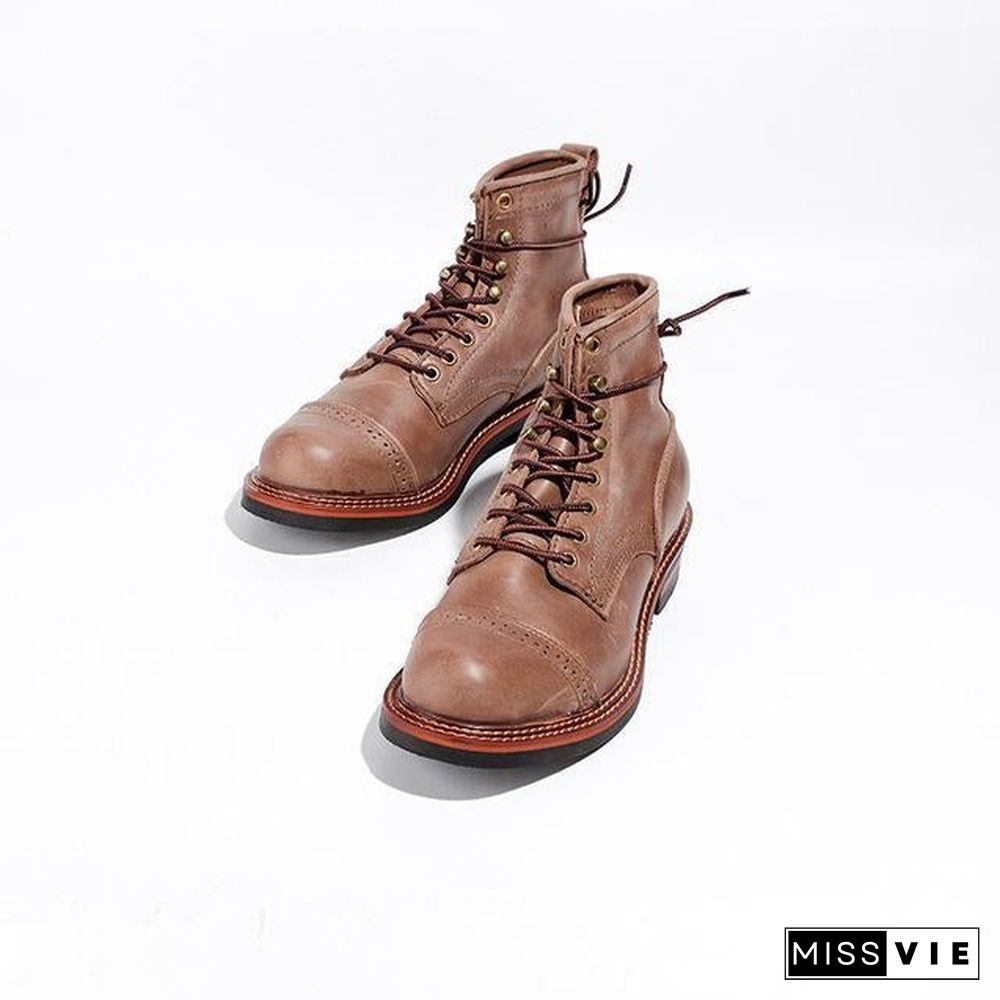 Genuine Genuine Leather Lace-Up Vintage High Quality Tooling White Ankle Boots Motorcycle Boots