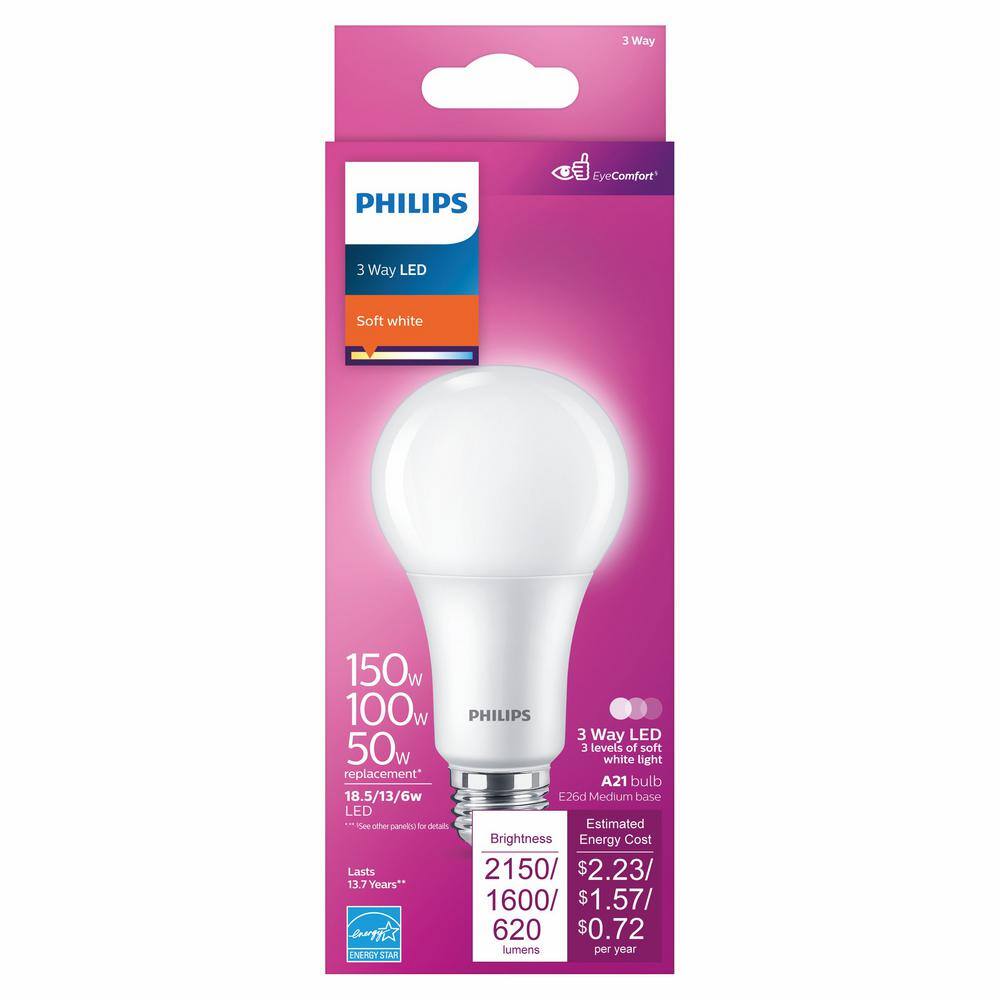 Philips 50-Watt-100-Watt-150-Watt Equivalent 3-Way A21 E26 LED Light Bulb Soft White 2700K (4-Pack) 571521