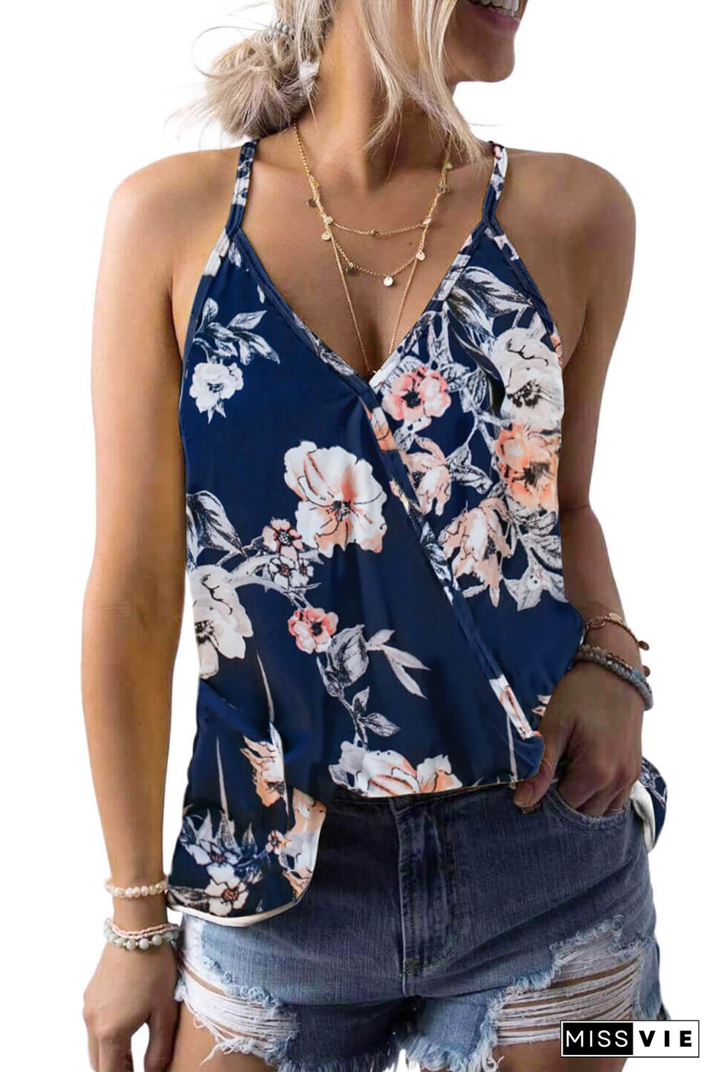 Blue Floral Print Tank Top