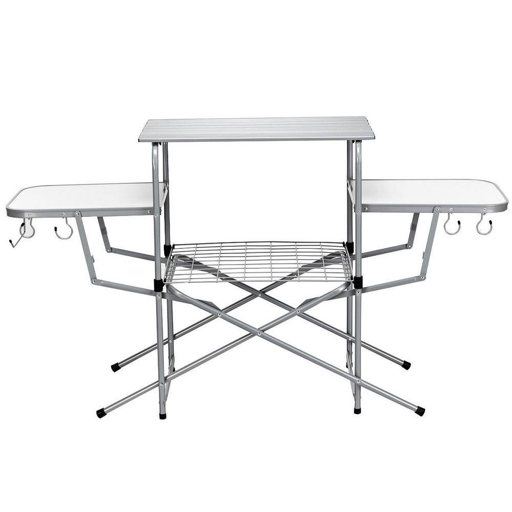 32 in. H White Rectangle Aluminum Foldable Camping Outdoor Picnic Table Kitchen Grilling Stand BBQ WF-OP3688