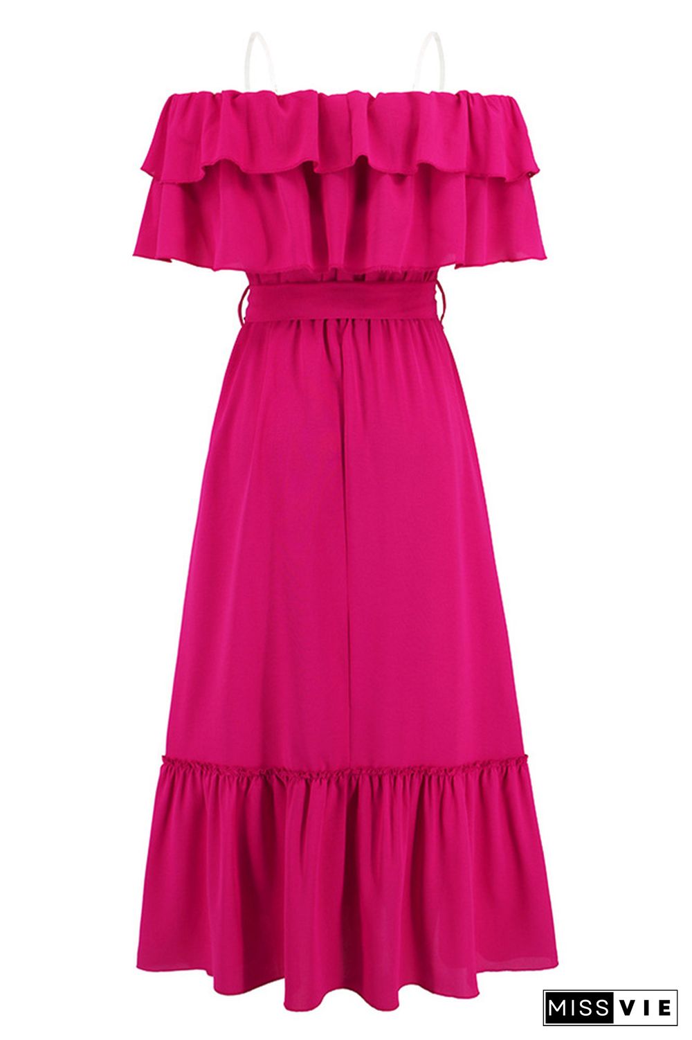 Plain Off Shoulder Ruffles Maxi Dress With Sash