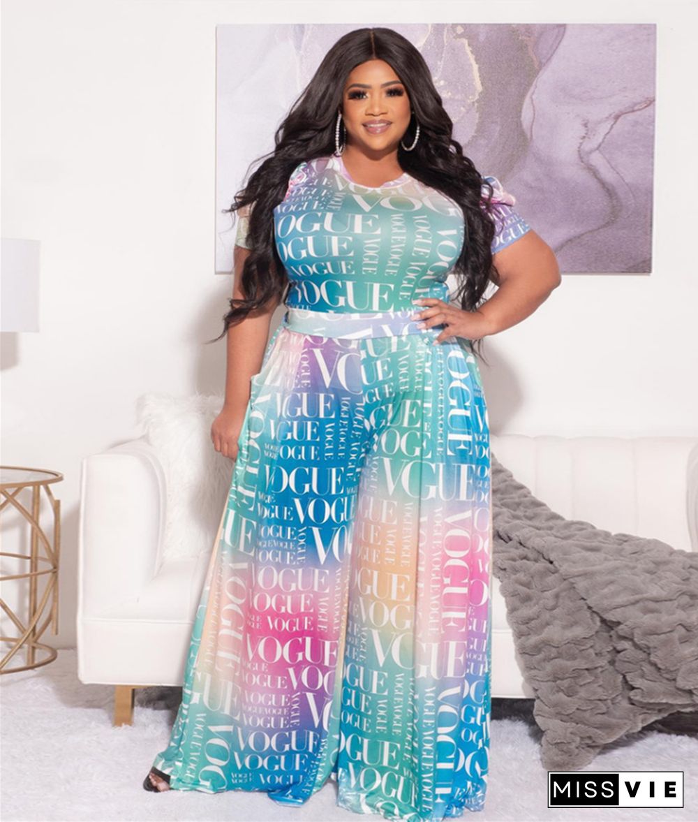 Plus Size Printed Short Sleeve Loose Wide Leg Jumpsuit