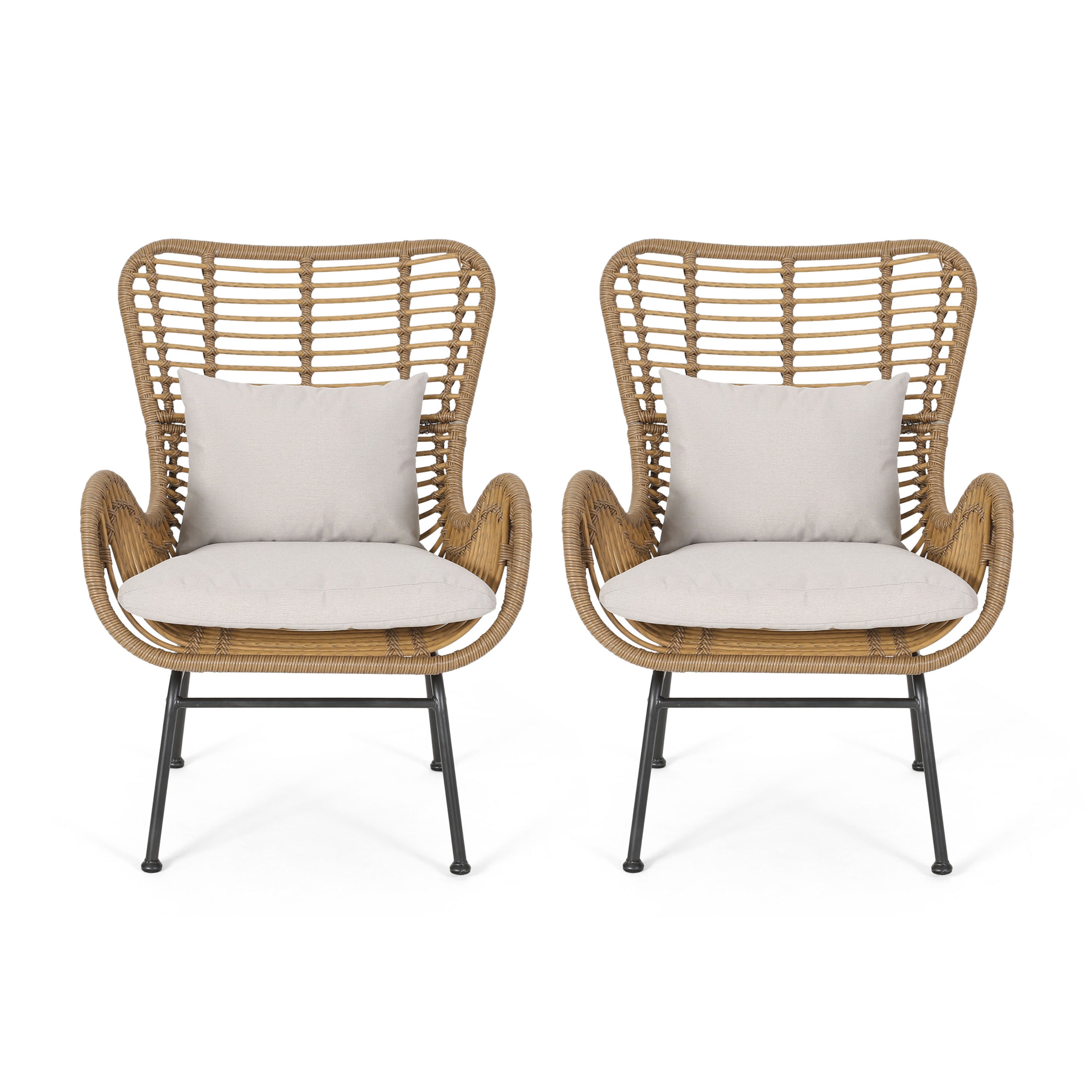 Pooneli Outdoor Wicker Club Chairs with Cushions (Set of 2)