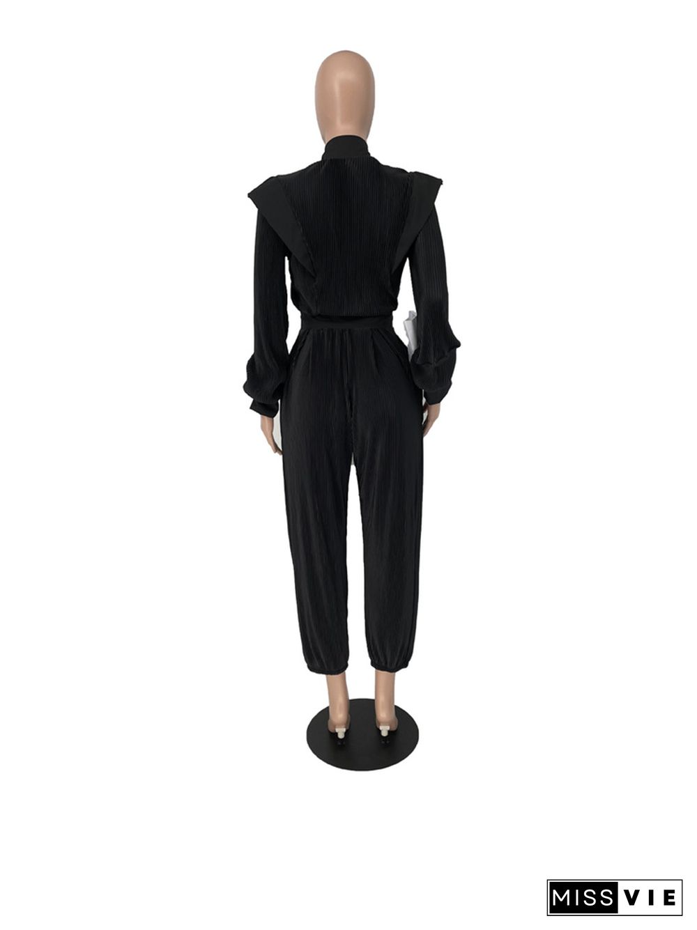 Plus Size V-neck Zipper Long Sleeve Pleated Jumpsuit