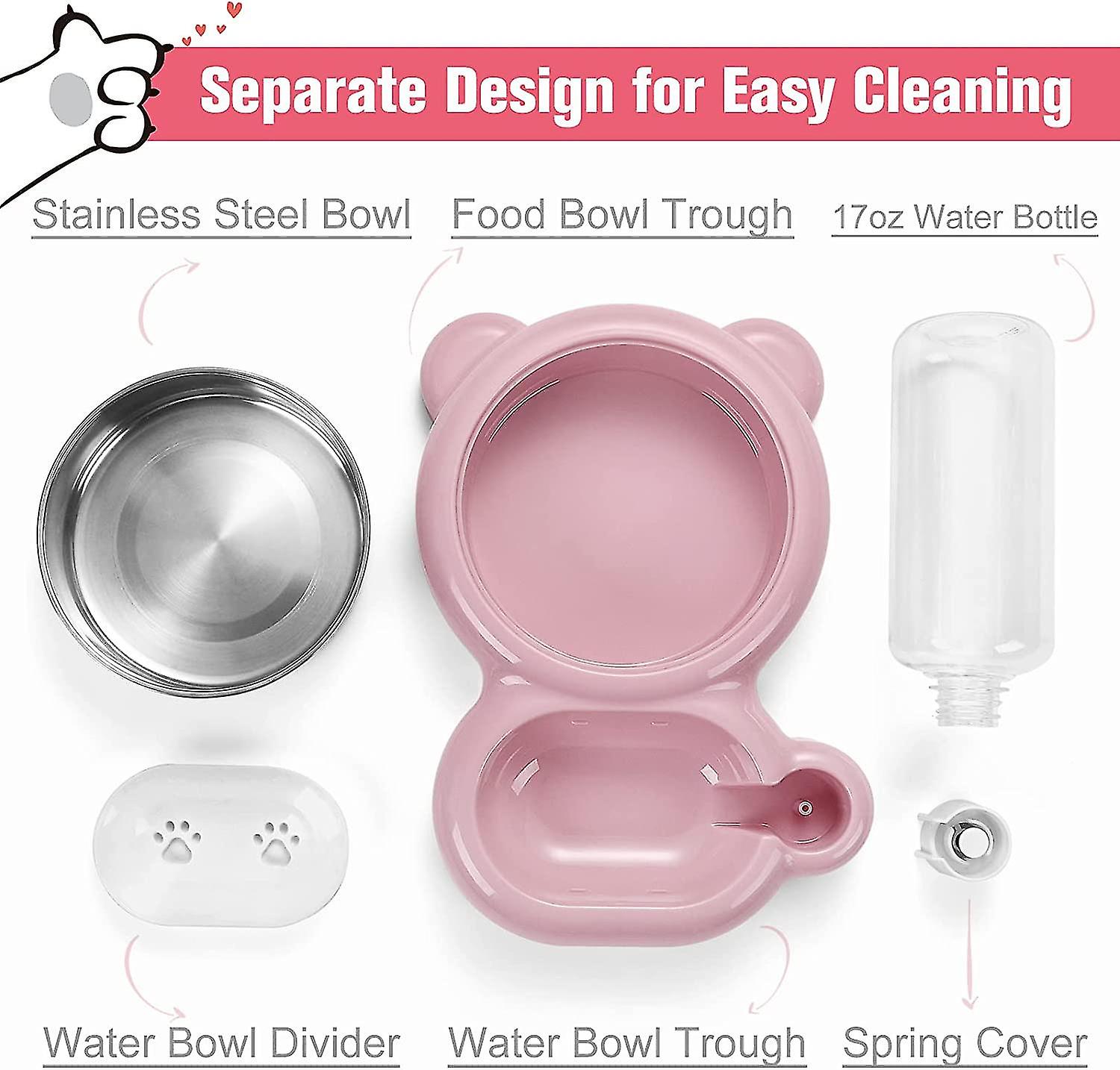 Double Dog Cat Bowl， Pet Water and Food Bowl Set With Automatic Water Dispenser Bottle Detachable Stainless Steel Bowls For Pets Such As Puppies A