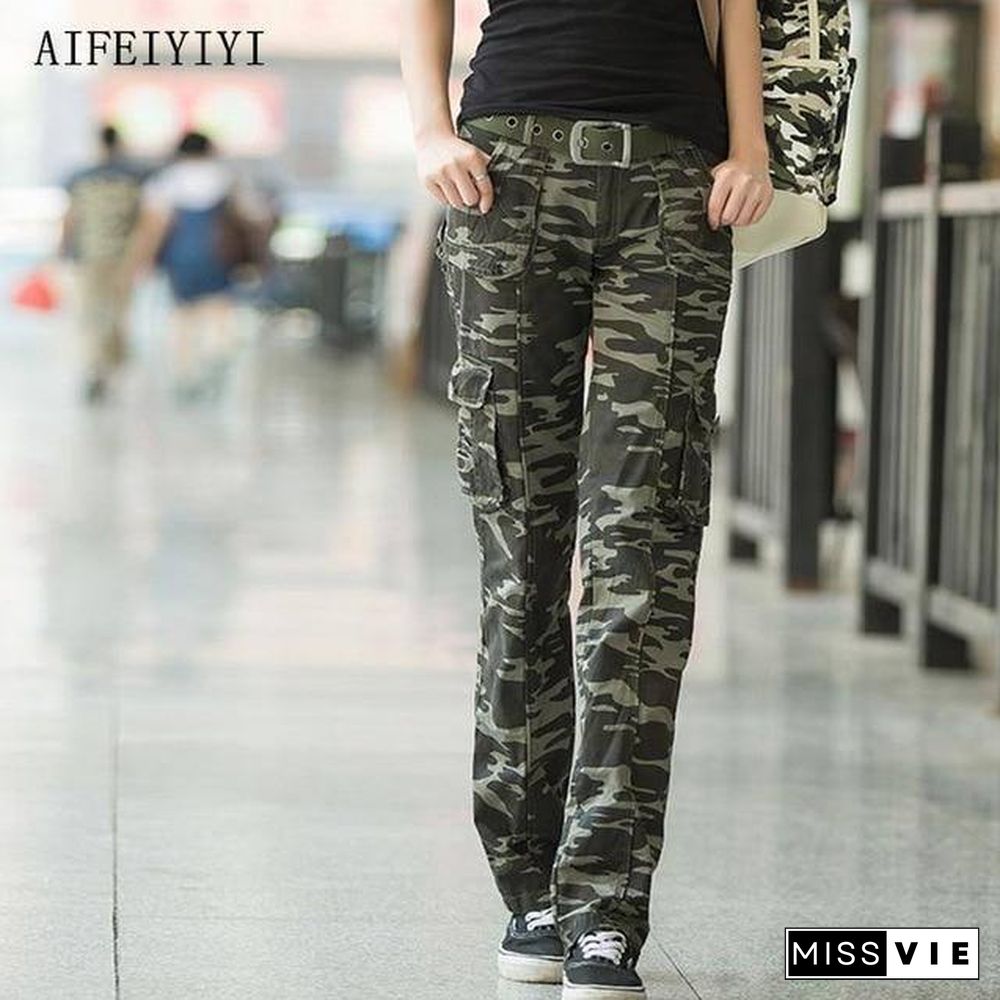 Women Workout Casual Military Camouflage Cargo Jeans Pants Denim Overalls Ladies Straight Multi-pocket Trousers Pantalon Femme