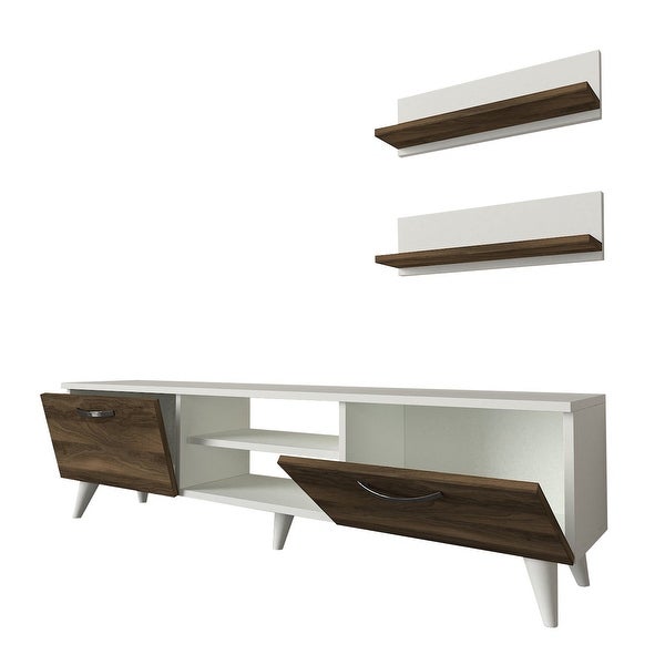 59 Inch Wood TV Console Entertainment Center， 2 Drop Down Doors， 2 Wall Shelves， Walnut， White