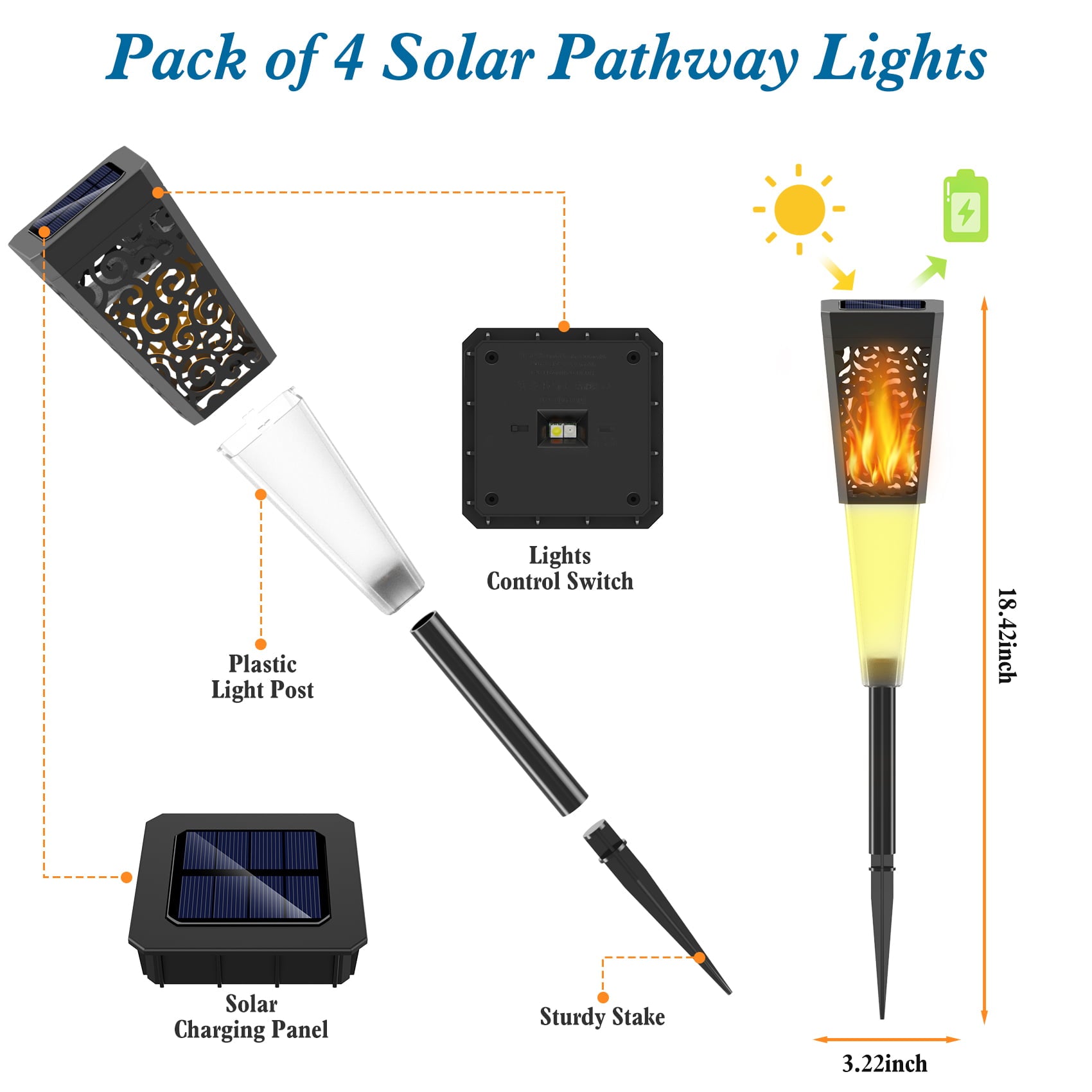 Solar Pathway Lights， Pack of 4 HEMOPLT Solar Outdoor Lights， Color Changing + Warm White Solar LED Lights， Solar Powered IP 67 Waterproof Garden Lights， for Walkway， Yard， Lawn， Landscape， Driveway