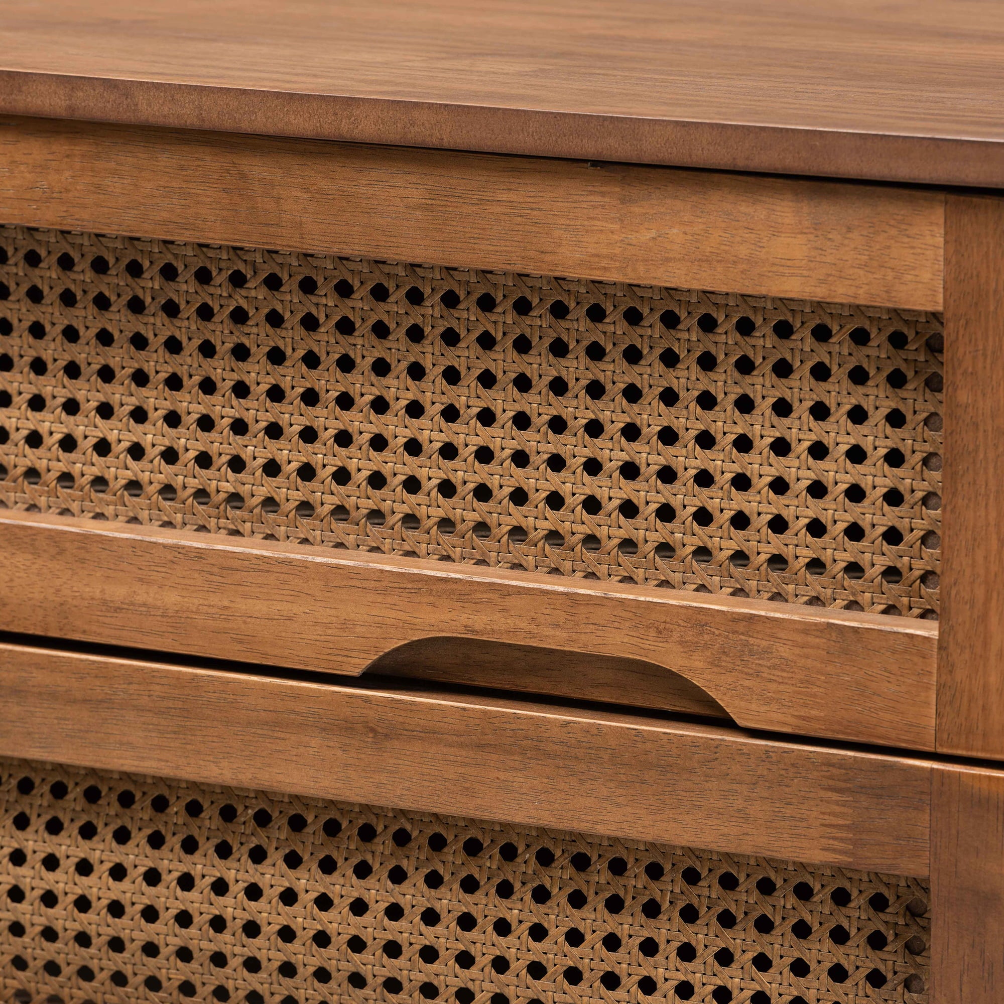 Baxton Studio Barrett Mid-Century Modern Walnut Brown Finished Wood and Synthetic Rattan 4-Drawer Chest