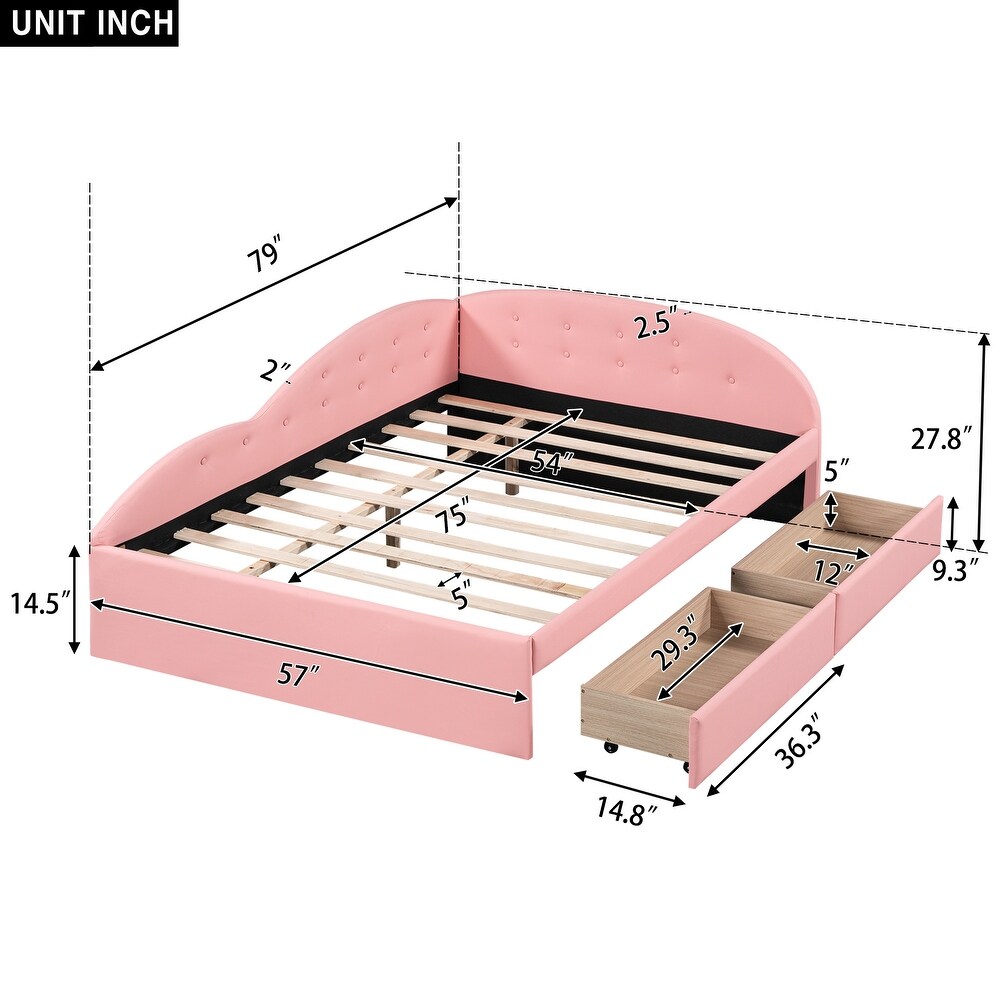 Pink Full Size PU Upholstered Tufted Daybed Wood Platform Bed Frame