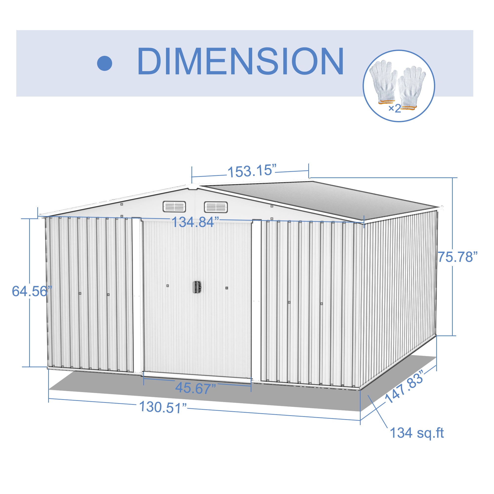 LZBEITEM 11 x 13 ft. Outdoor Storage Shed，Galvanized Steel Garden Shed，Metal ShedsGarden Tool Shed with Double Lockable Sliding Doors for Backyard Patio Lawn,Gray