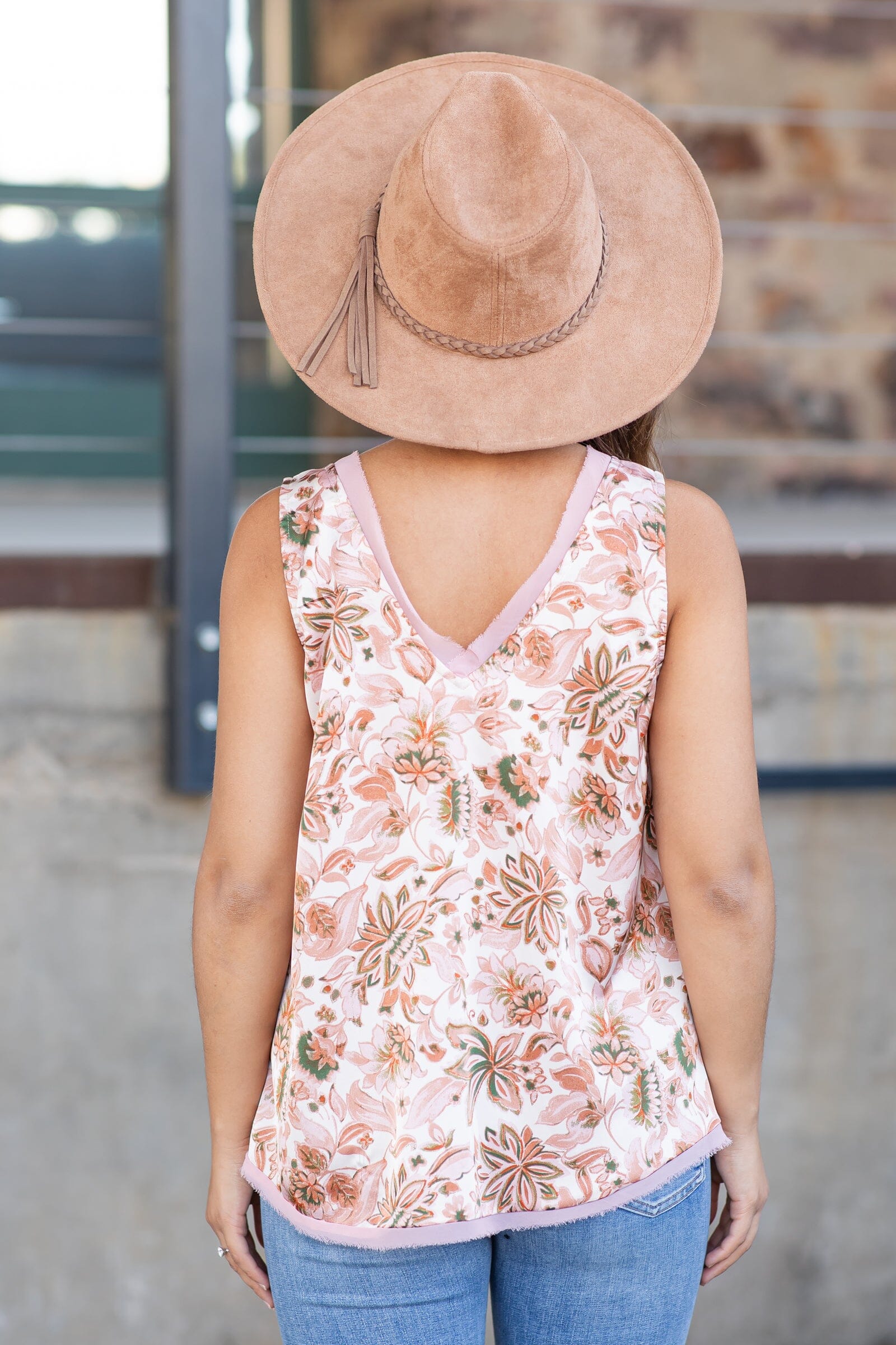Burnt Orange and Ivory Floral V-Neck Tank