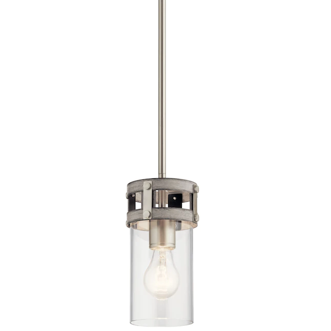 Kichler 82326 Stetton Anvil Iron and Distressed Antique Grey Rustic Clear Glass Cylinder Mini Pendant Light