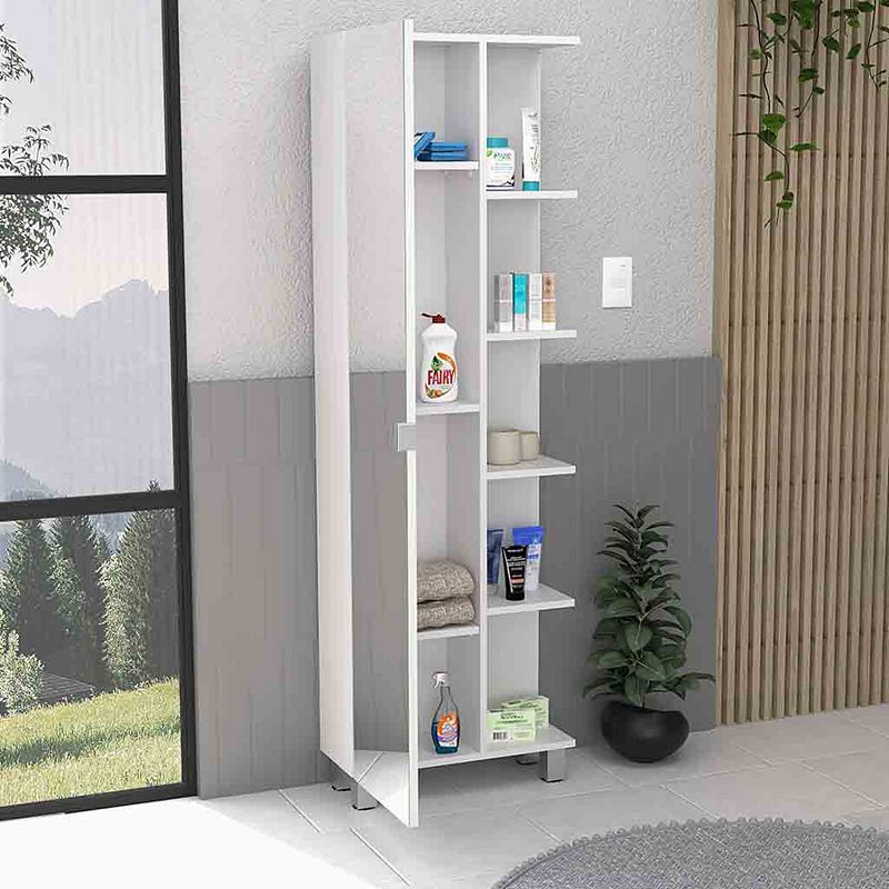 DEPOT E-SHOP Venus Mirror Linen Single Door Cabinet， Five External Shelves， Interior Shelves，White