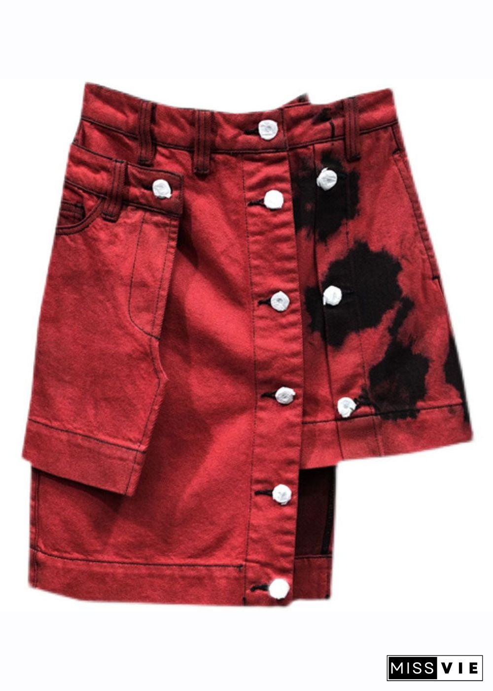 Fashion Red High Waist Patchwork Button Asymmetrical Denim Skirt Summer