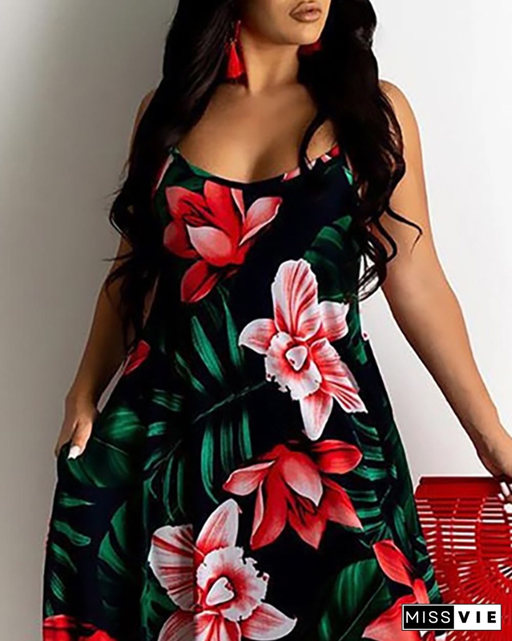 Floral Leaf Print Spaghetti Strap Maxi Dress