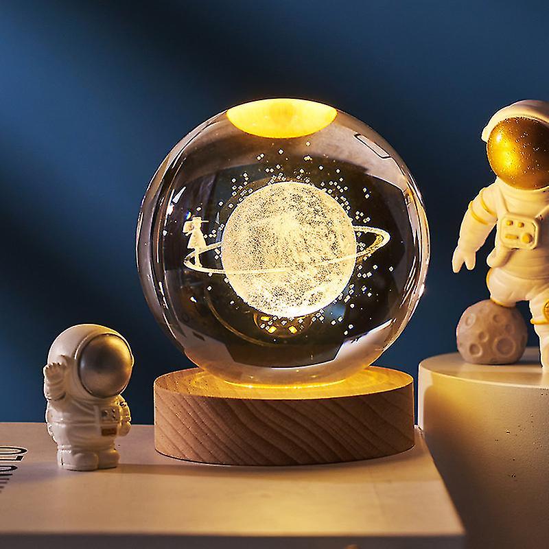 3d Planet Crystal Ball With Wooden Base，3d Crystal Led Night Light，space Galaxy Crystal Ball Ornament For Home