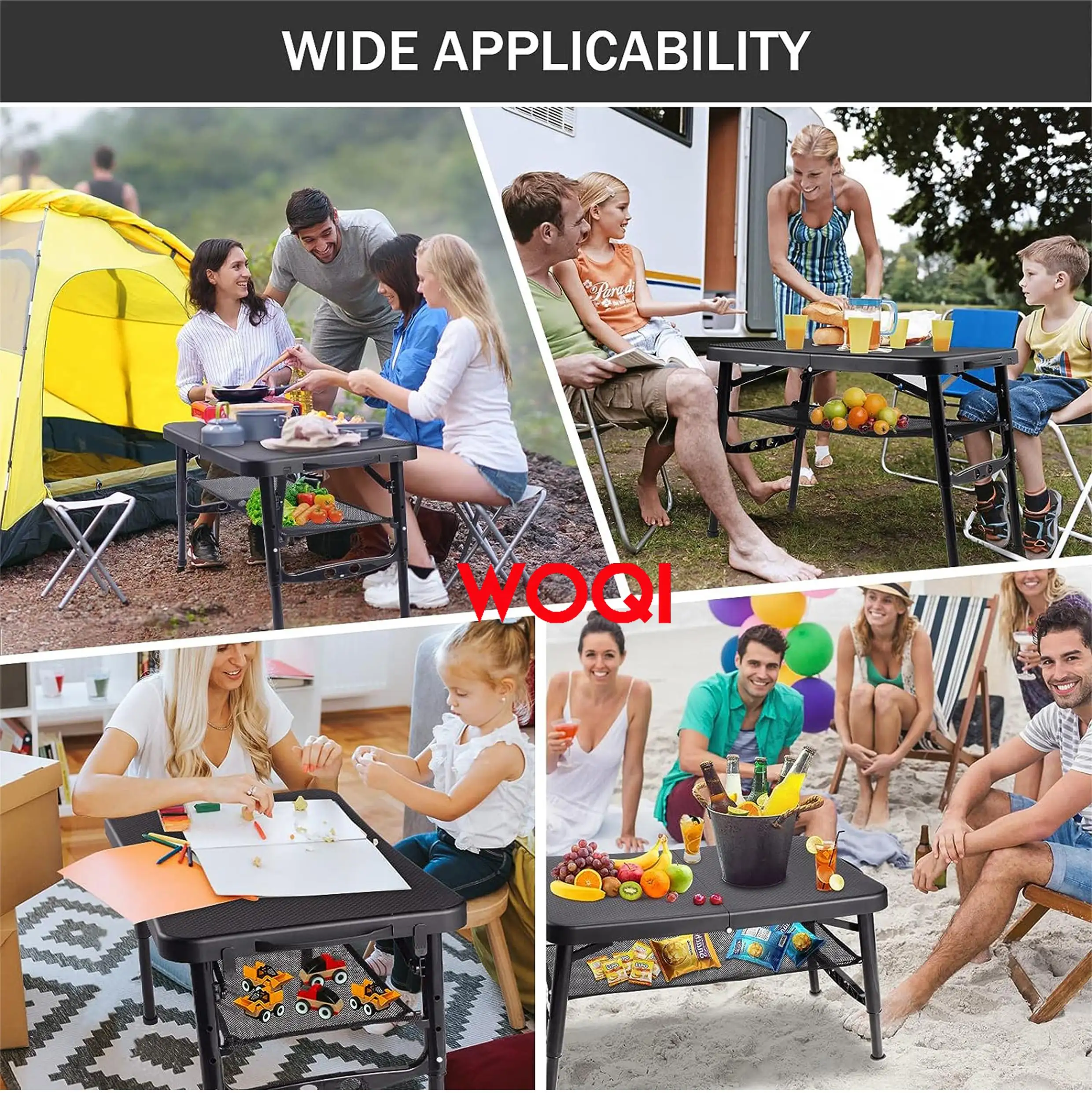 WOQI Folding Camping Table Portable   Adjustable  Height with Grid Layer Folding Table  Outdoor Barbecue Picnic Beach