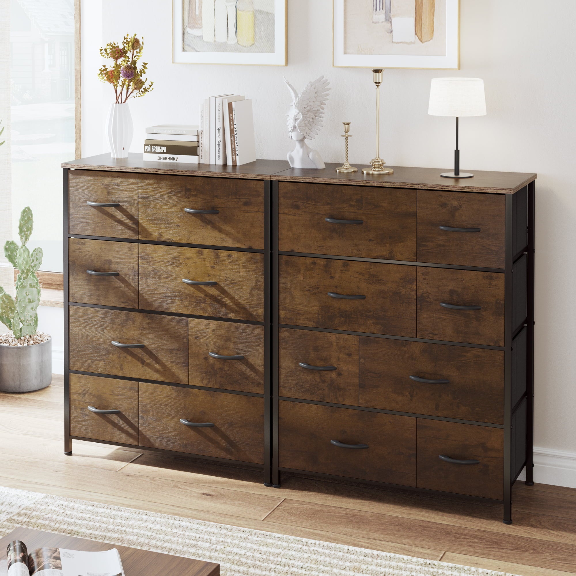 EnHomee 8 Drawer Dresser for Bedroom Fabric Dresser with Wooden Top Tall Dressers & Chest of Drawers TV Stand Storage Dresser for Livingroom Closet Entryway, Rustic Brown, 1 Piece