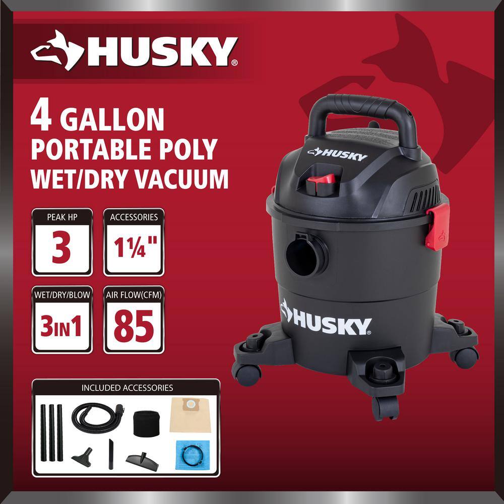 Husky 4 Gal. Poly WetDry Vac with Filter Hose and Accessories AT18303P-4A