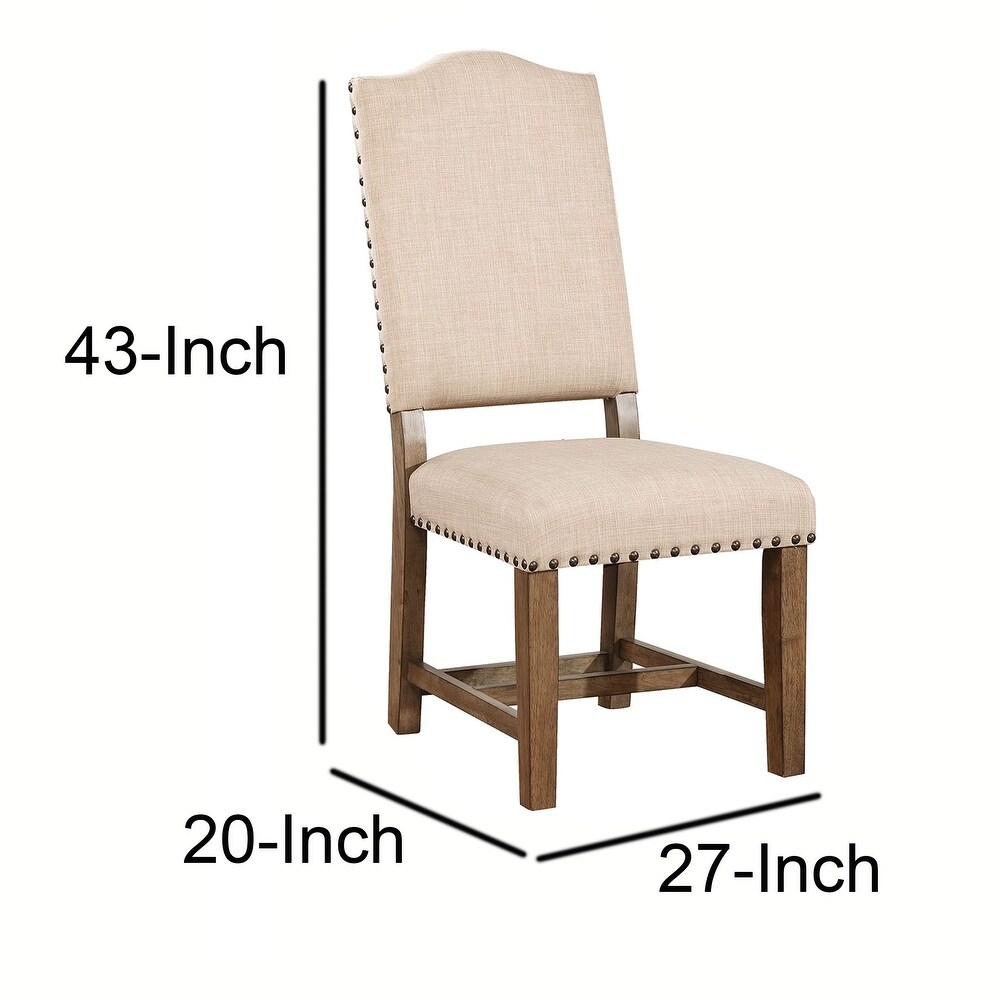 Fabric Upholstered Solid Wood Side Chair  Pack of Two  Beige and Brown