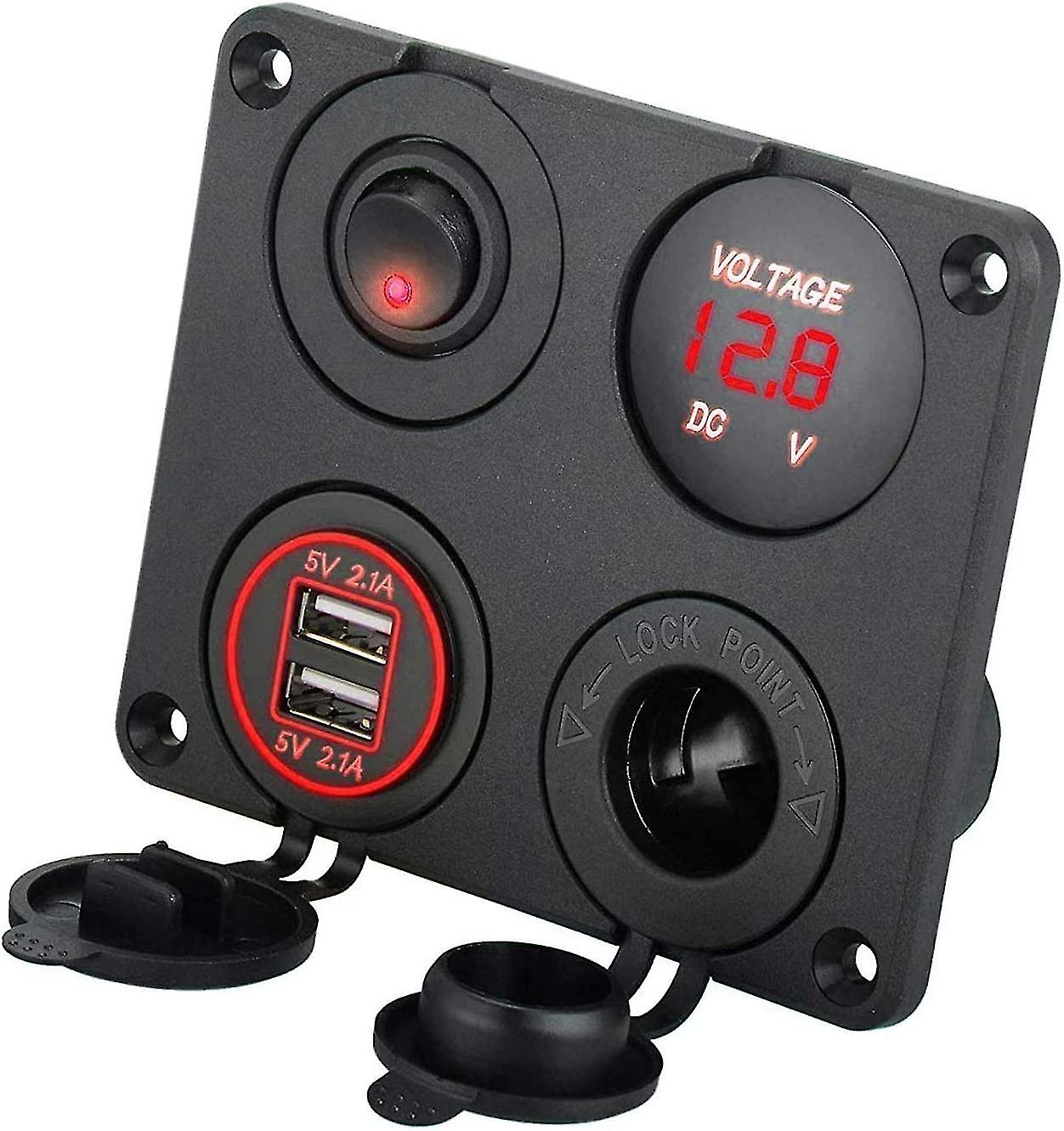 12 Volt Usb Outlet Panel， Cigarette Lighter Splitter and 12v Usb Oulet and Led Lighted On Off Rocker Toggle Switch Panel With Led Voltmeter For Truck Car