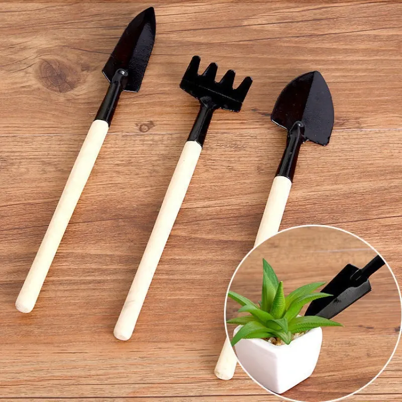 Oempromo wholesale 3pcs miniature set mini garden tools Wooden Handle Plant Soil Shovels