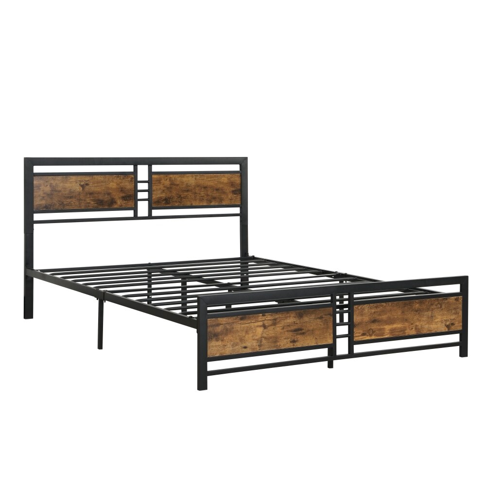 Metal Platform Bed Frame with Wood Headboard and Footboard