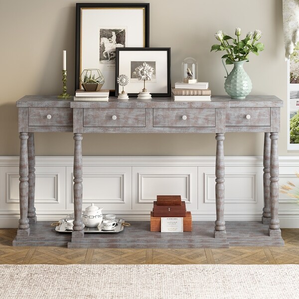 Retro Senior Console Table for Hallway Living Room Bedroom with 4 Front Facing Storage Drawers and 1 Shelf