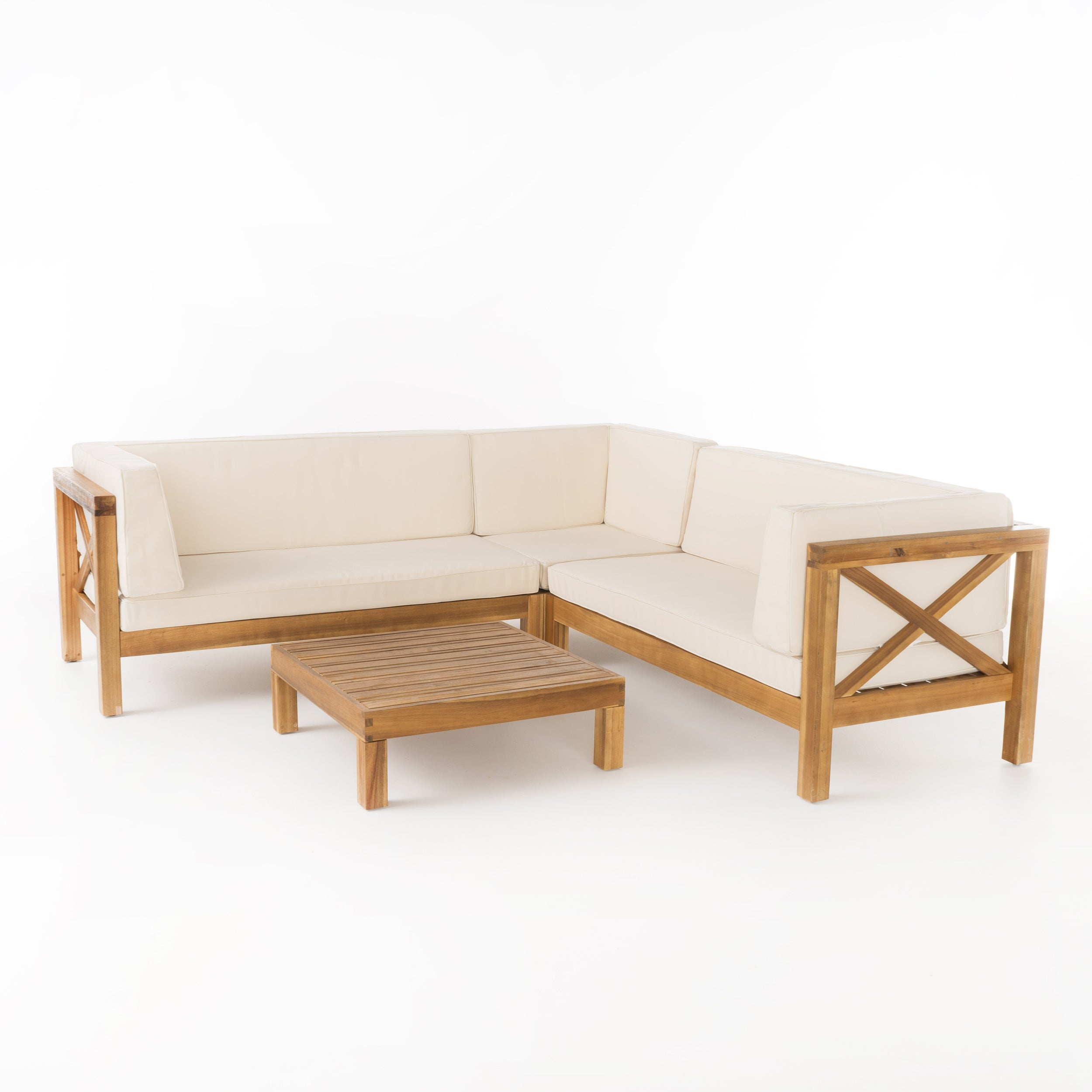 Brava Outdoor 4 Piece V-Shaped Acacia Wood Sectional Sofa and Coffee Table Set